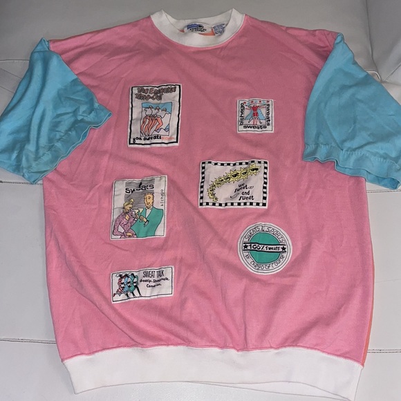 Vintage pink blue orange colorblock patches SWEATS DD workout shirt Large - Picture 9 of 9